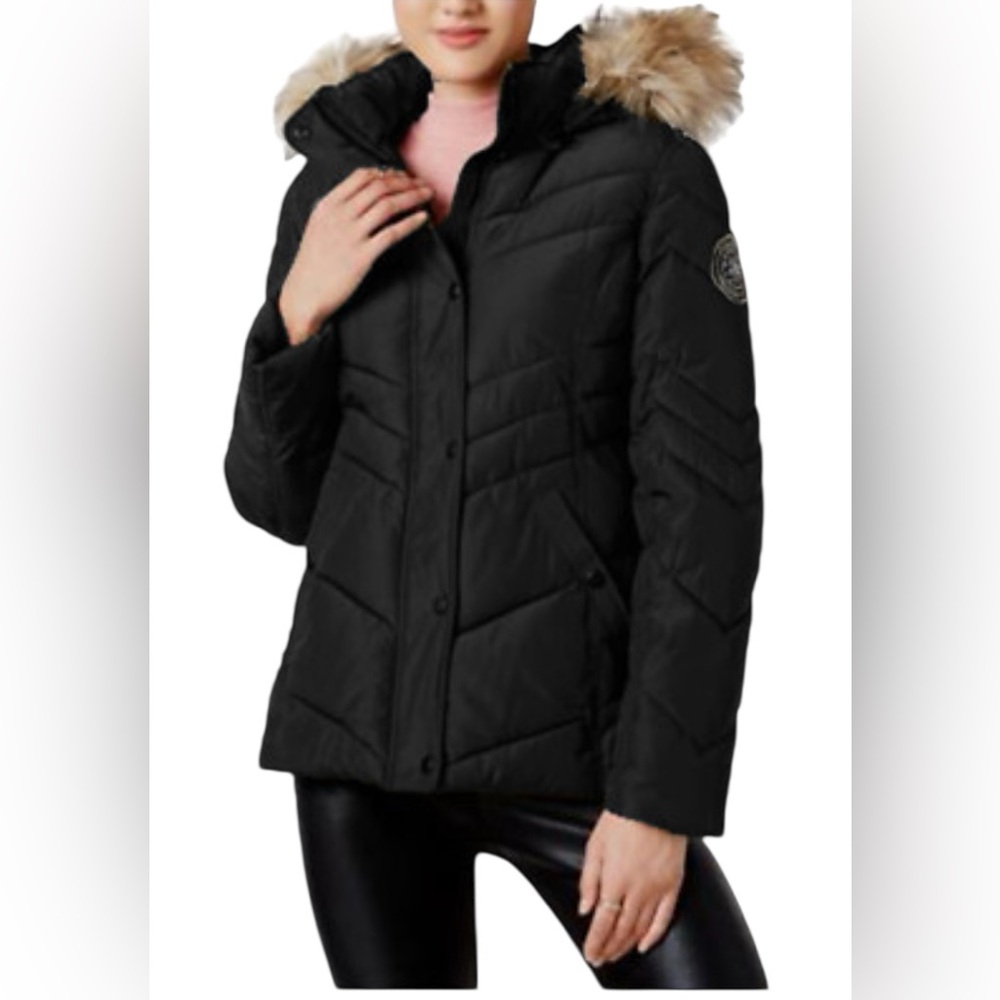 Madden Girl faux fur trim hooded puffer coat